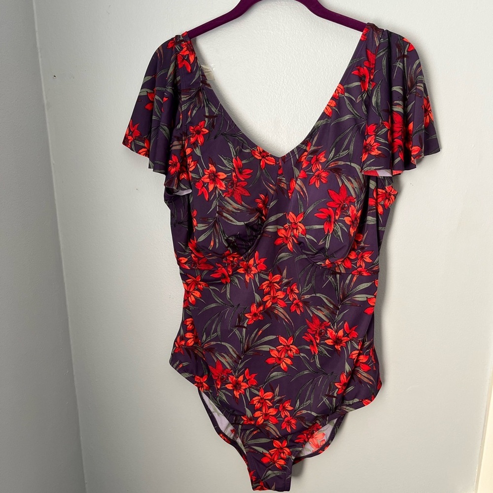 Red and Purple One-Piece Swimwear with Flutter Sleeves